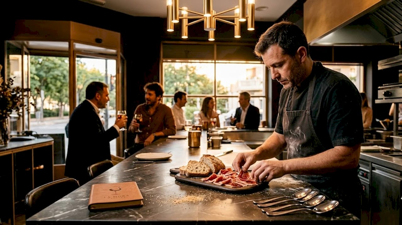 Un chef elabora exquisitas tapas a la vista de los comensales en una cocina abierta.