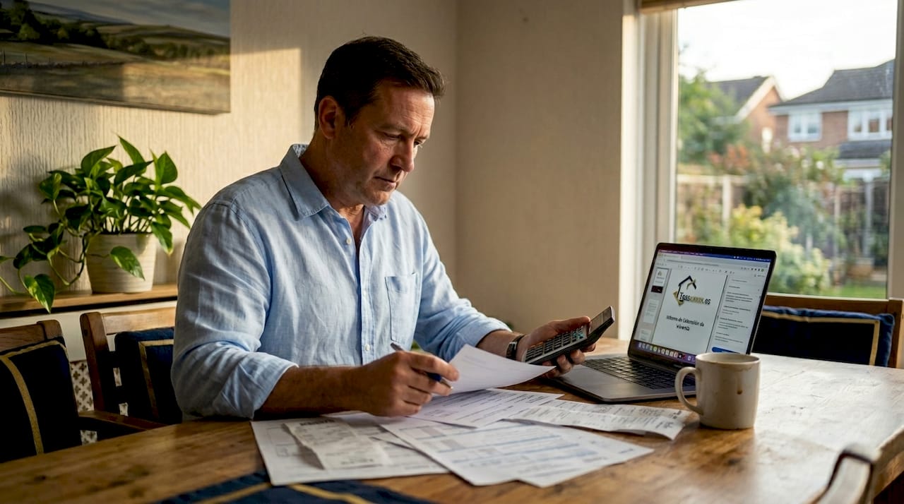 Hombre revisando el presupuesto de su vivienda mientras está en la cocina