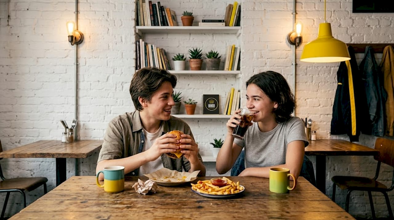 Un grupo de jóvenes pasa un buen rato saboreando hamburguesas en un local con ambiente cálido y agradable.