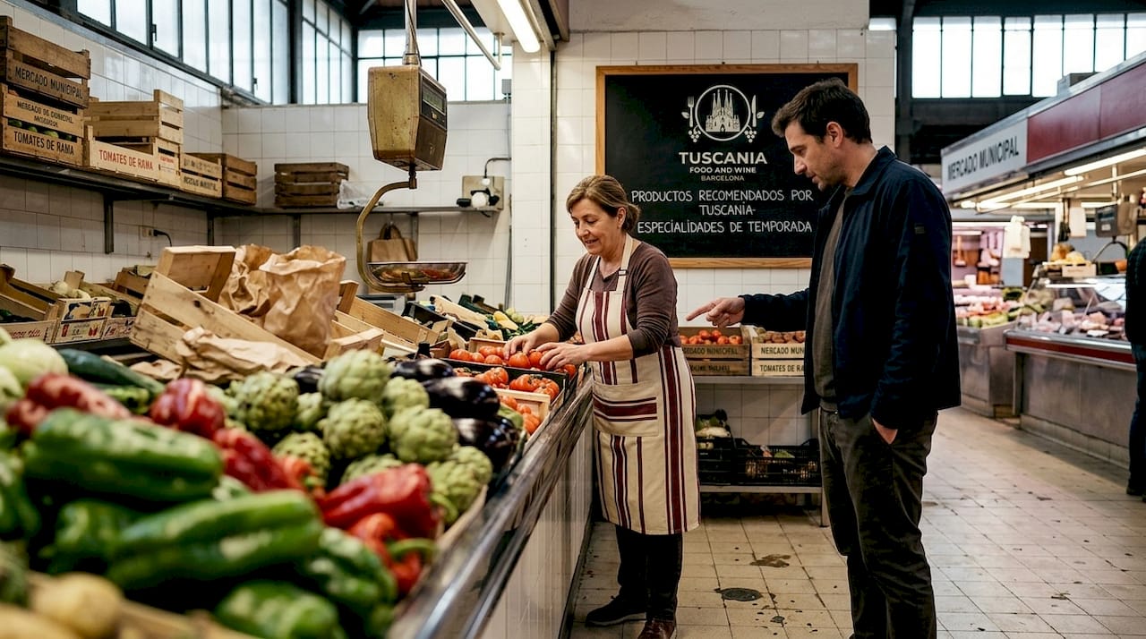 Vendedor y cliente charlando en un puesto del mercado de Barcelona