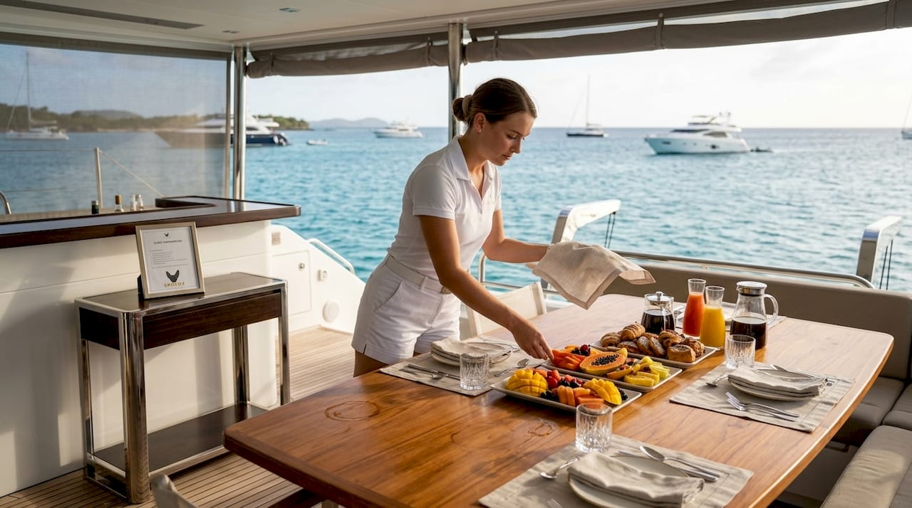 Crew member sets table on catamaran deck