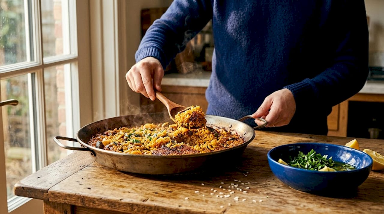 Closeup showing socarrat in paella pan