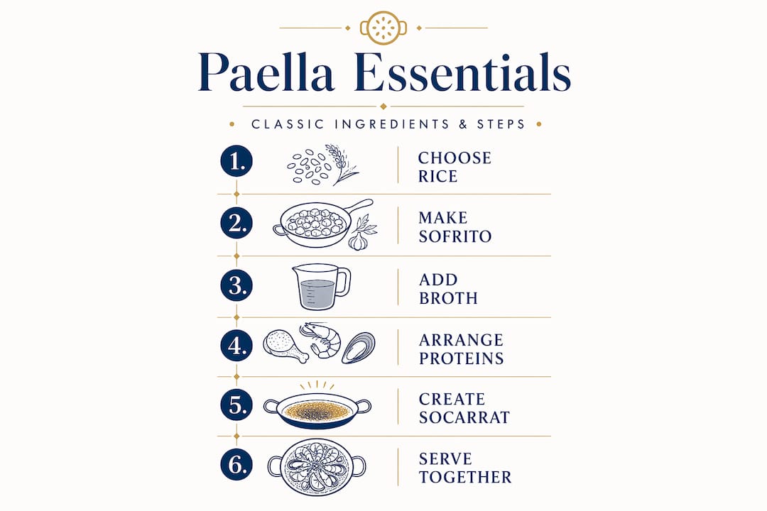 Infographic of classic paella ingredients and steps