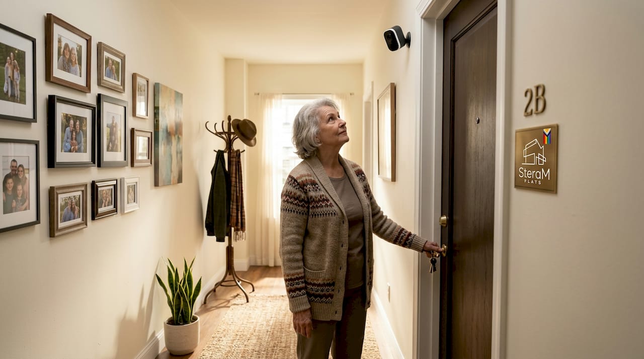Tenant noticing security camera near apartment