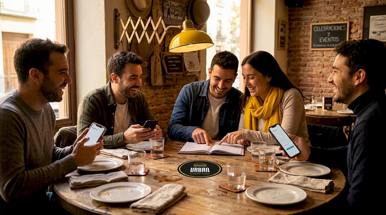 Un grupo de amigos organizando la reserva para ir juntos a un restaurante.