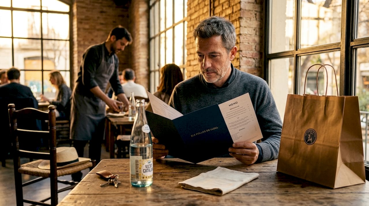 Un hombre hojea el menú del restaurante mientras espera que le traigan su comida.