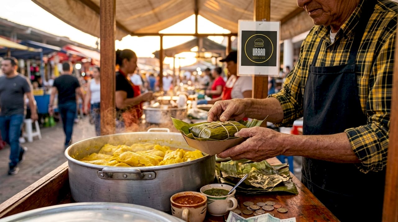 Vendedor ofreciendo tamal colombiano en un puesto del parque