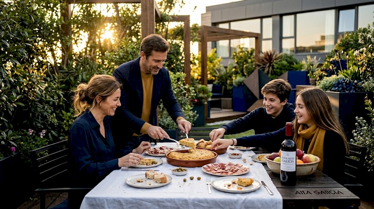 Una familia disfrutando junta de una mesa llena de platos típicos españoles.