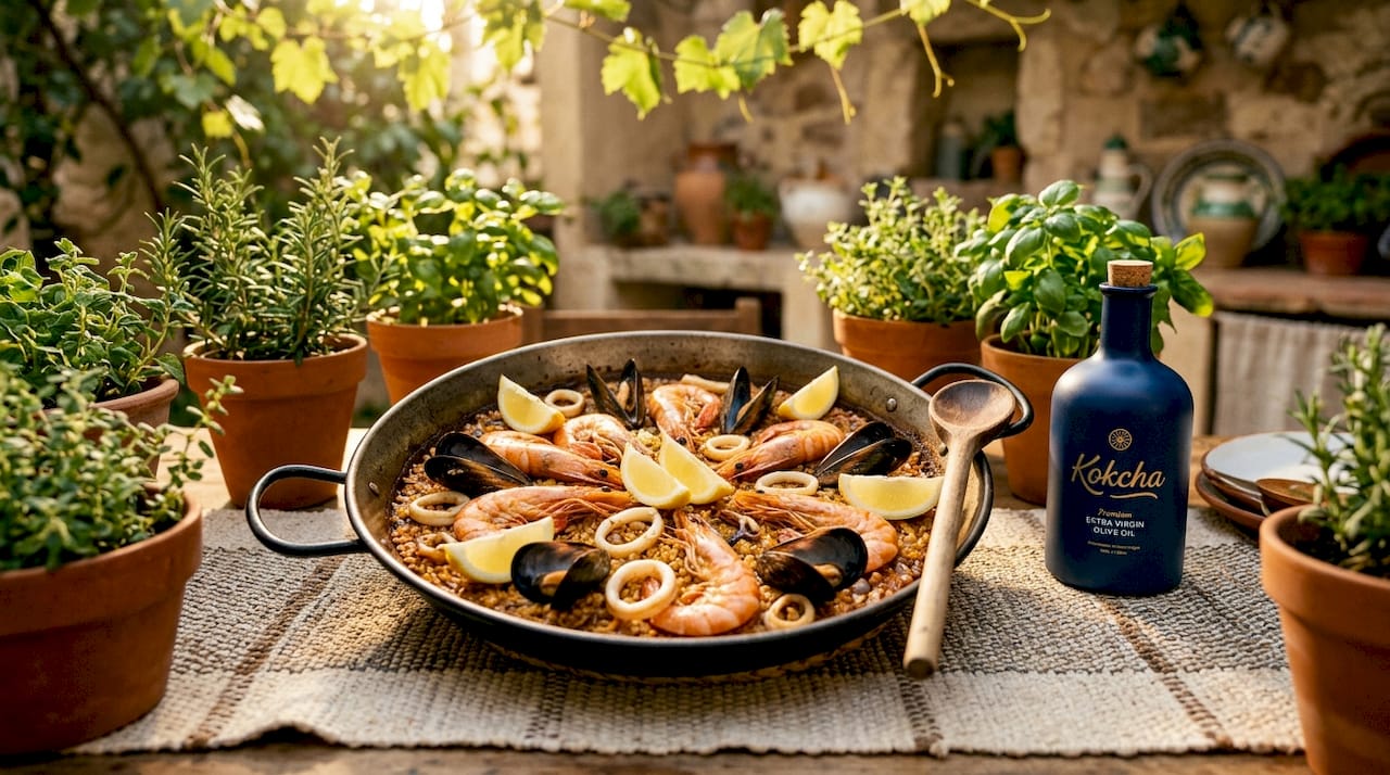 Seafood paella with mussels and shrimp