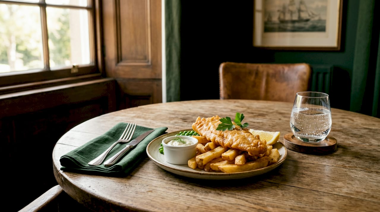 Fish and chips meal on casual table