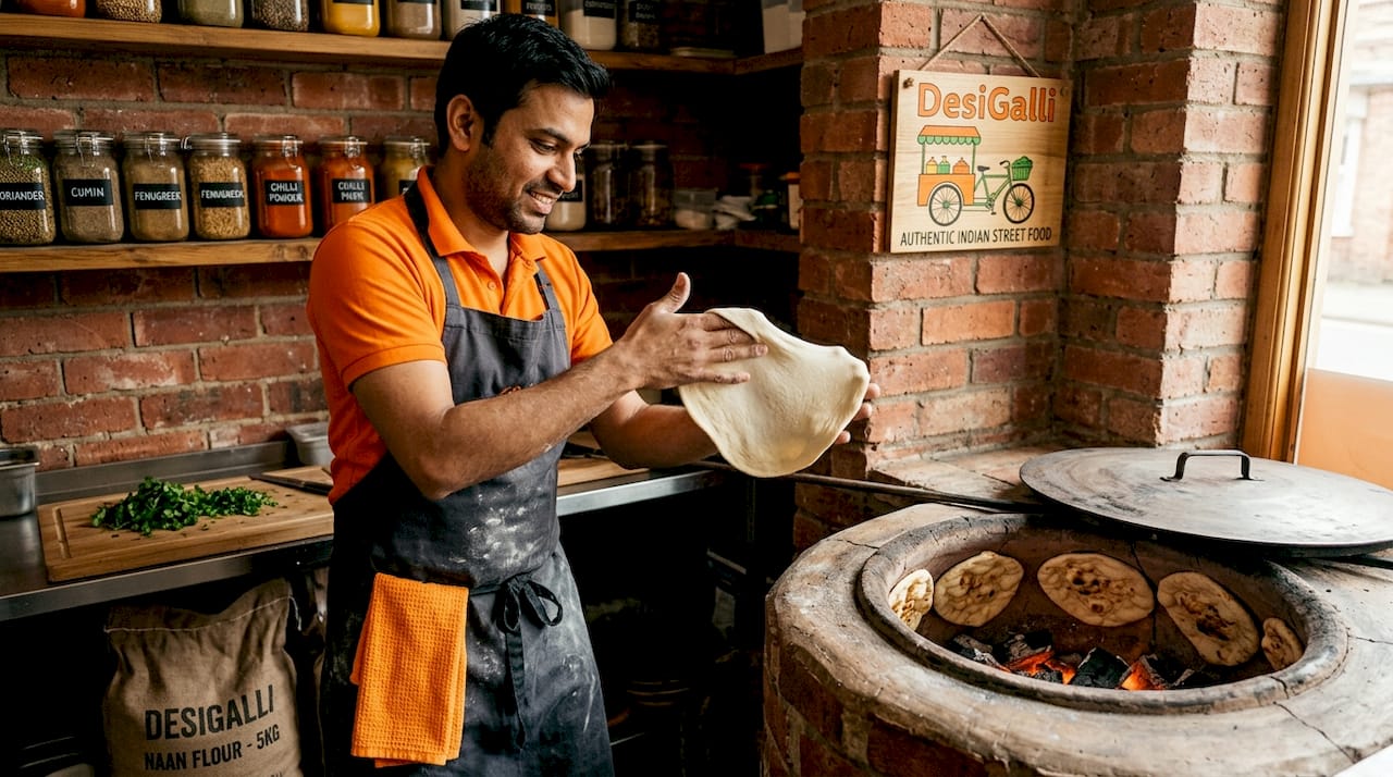 Chef placing fresh naan in tandoor oven