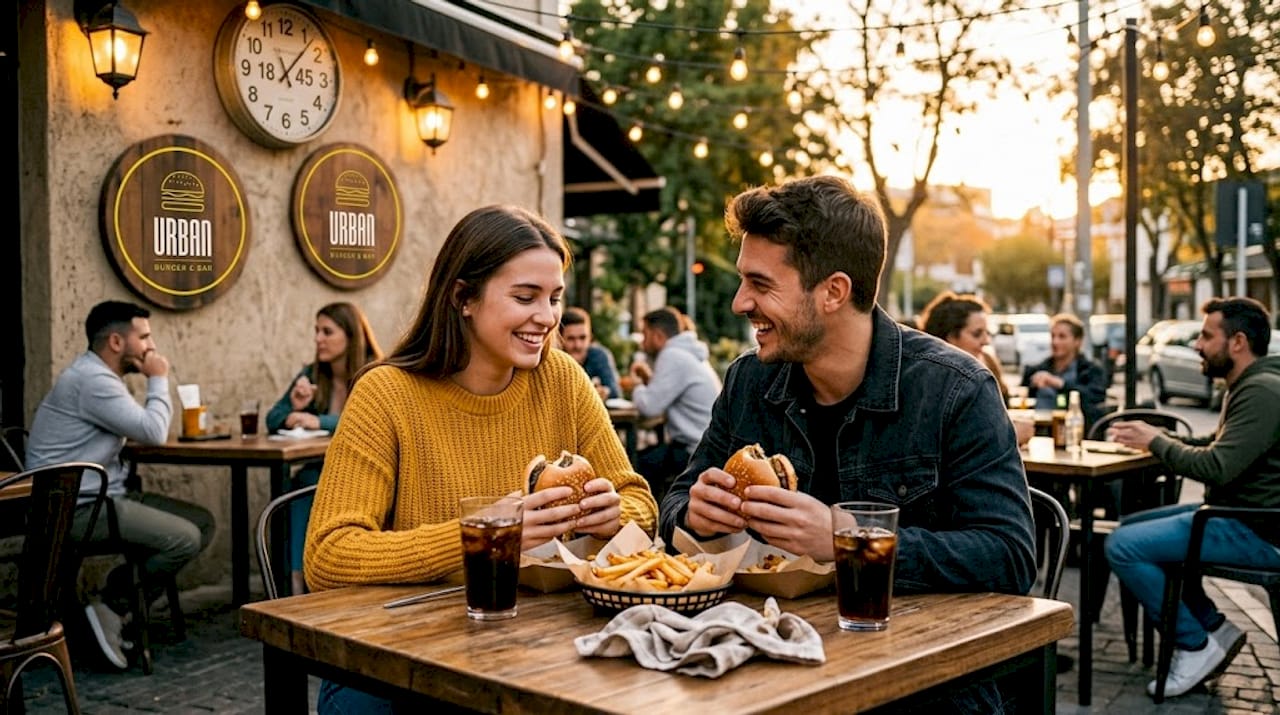 Una pareja disfruta de una cena temprana sentados en la barra de una hamburguesería.
