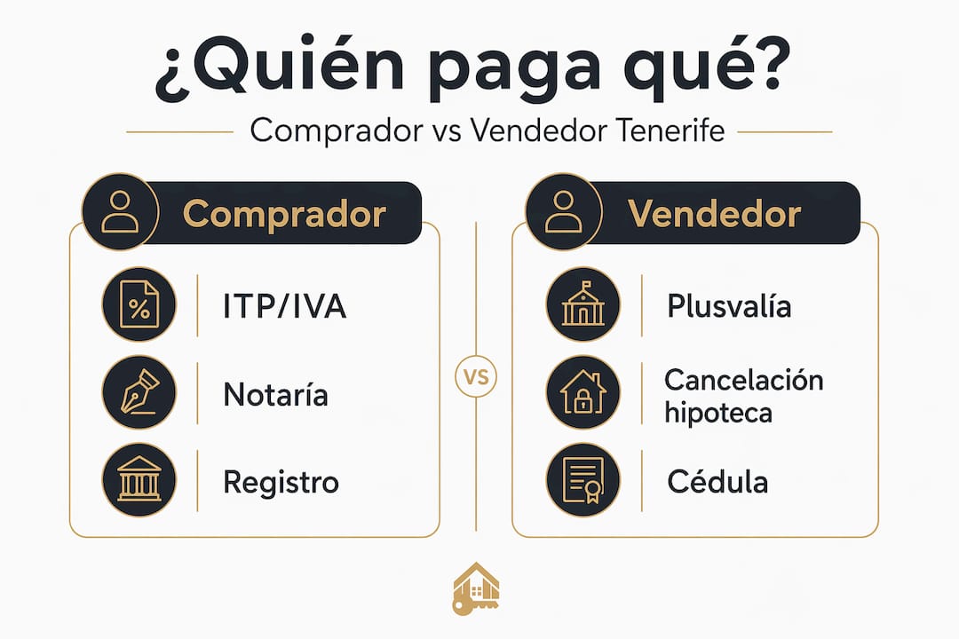 Infografía visual sobre cómo se reparten los gastos en la compraventa de una vivienda en Tenerife