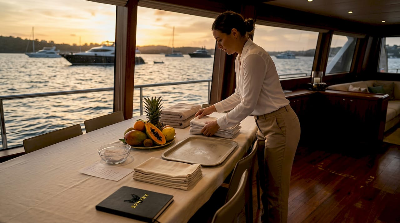 Hostess preparing yacht hospitality scene