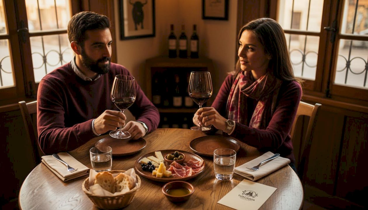 Disfruta de una cata de vinos en una mesa acogedora de un restaurante mediterráneo.