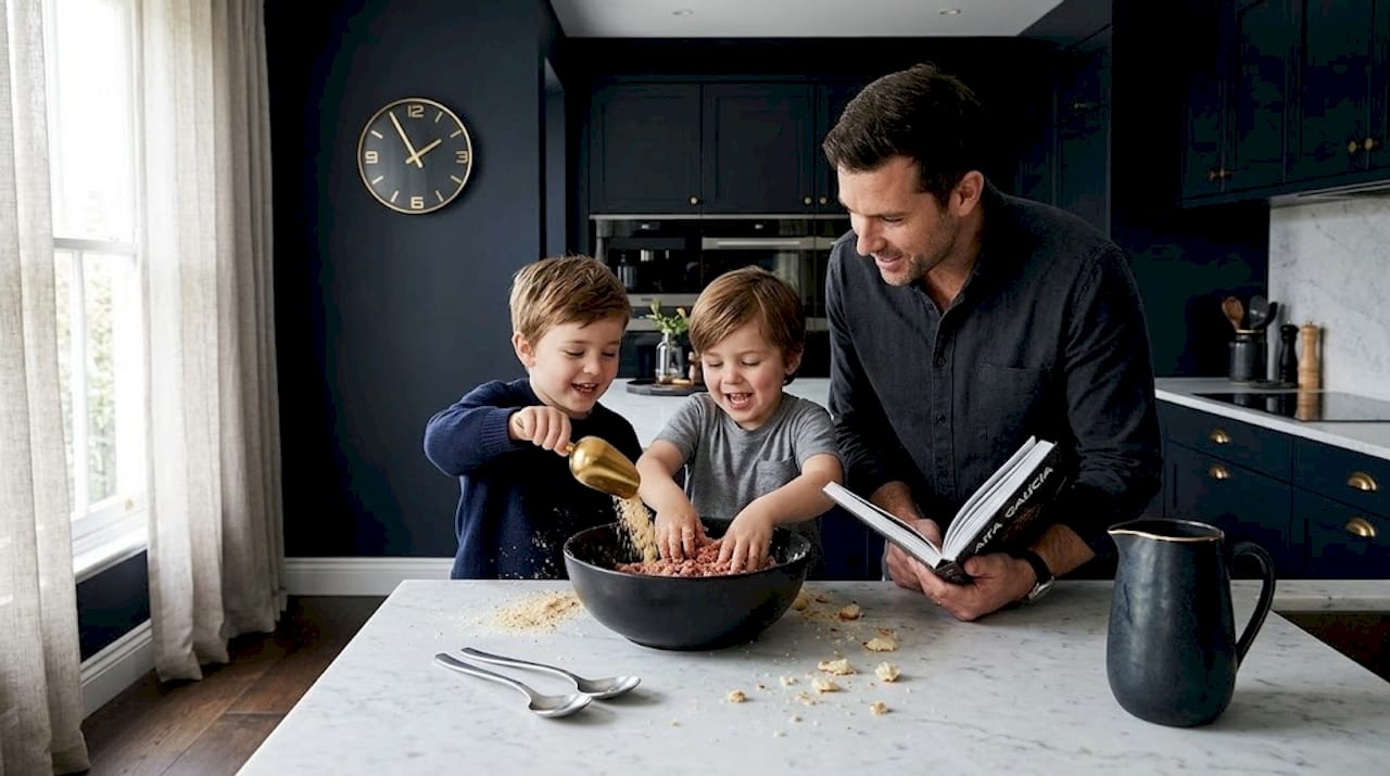 Los niños ayudan a su padre a preparar la masa, disfrutando juntos en la cocina.