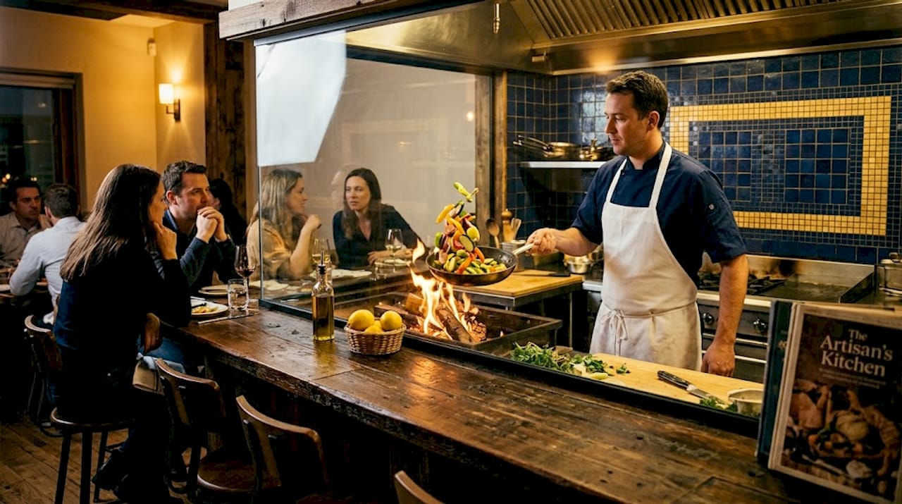 Chef cooking in open Mediterranean kitchen