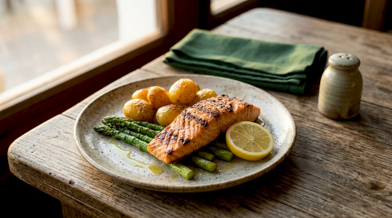 Grilled salmon and vegetables in restaurant setting