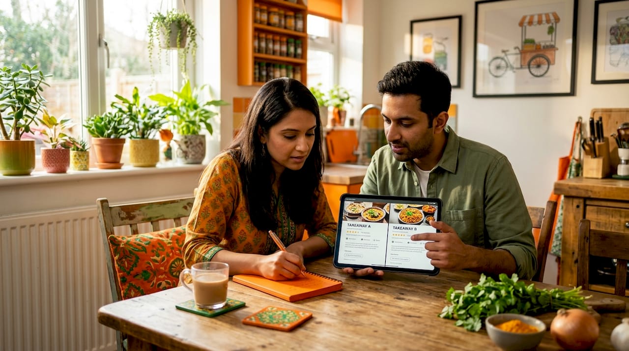 Couple comparing Indian restaurant options at home