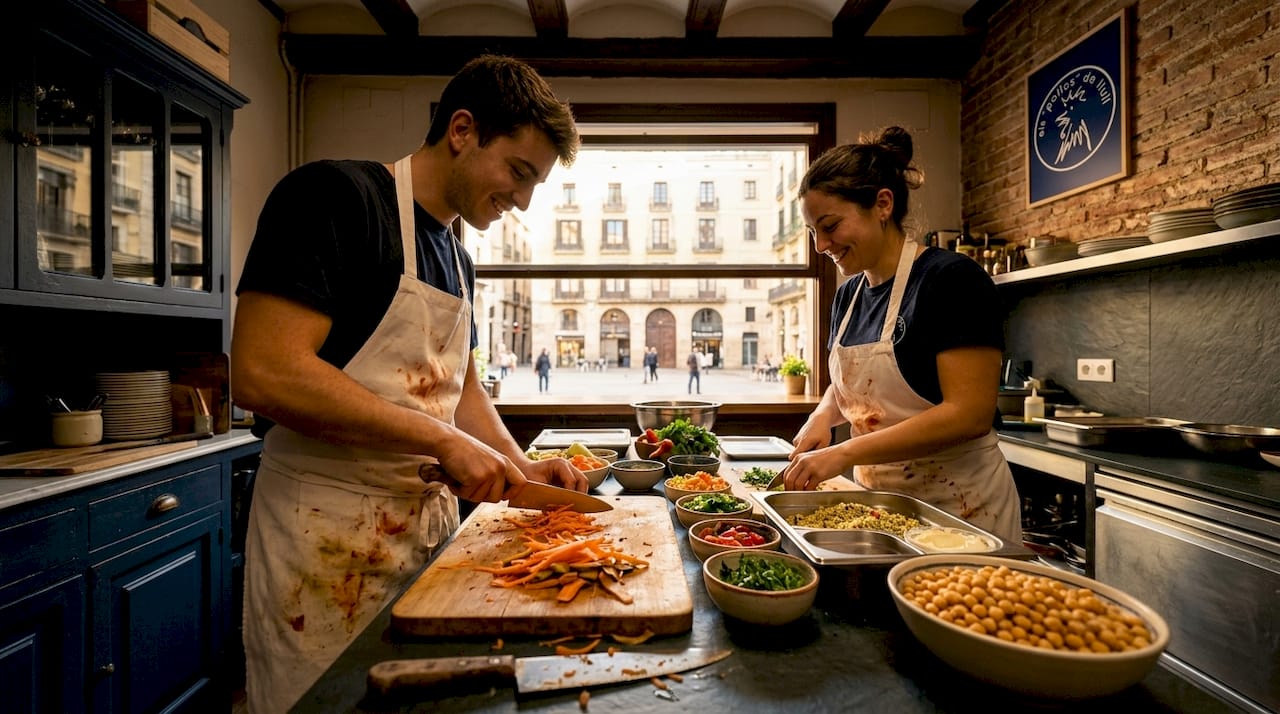 Cocineros ultimando los detalles de un menú vegano para un evento especial