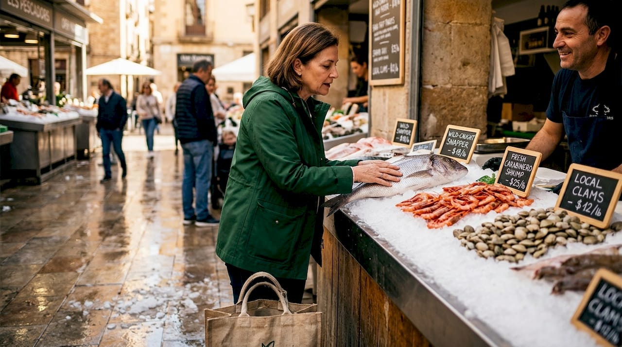 Shopper checking seafood freshness at market