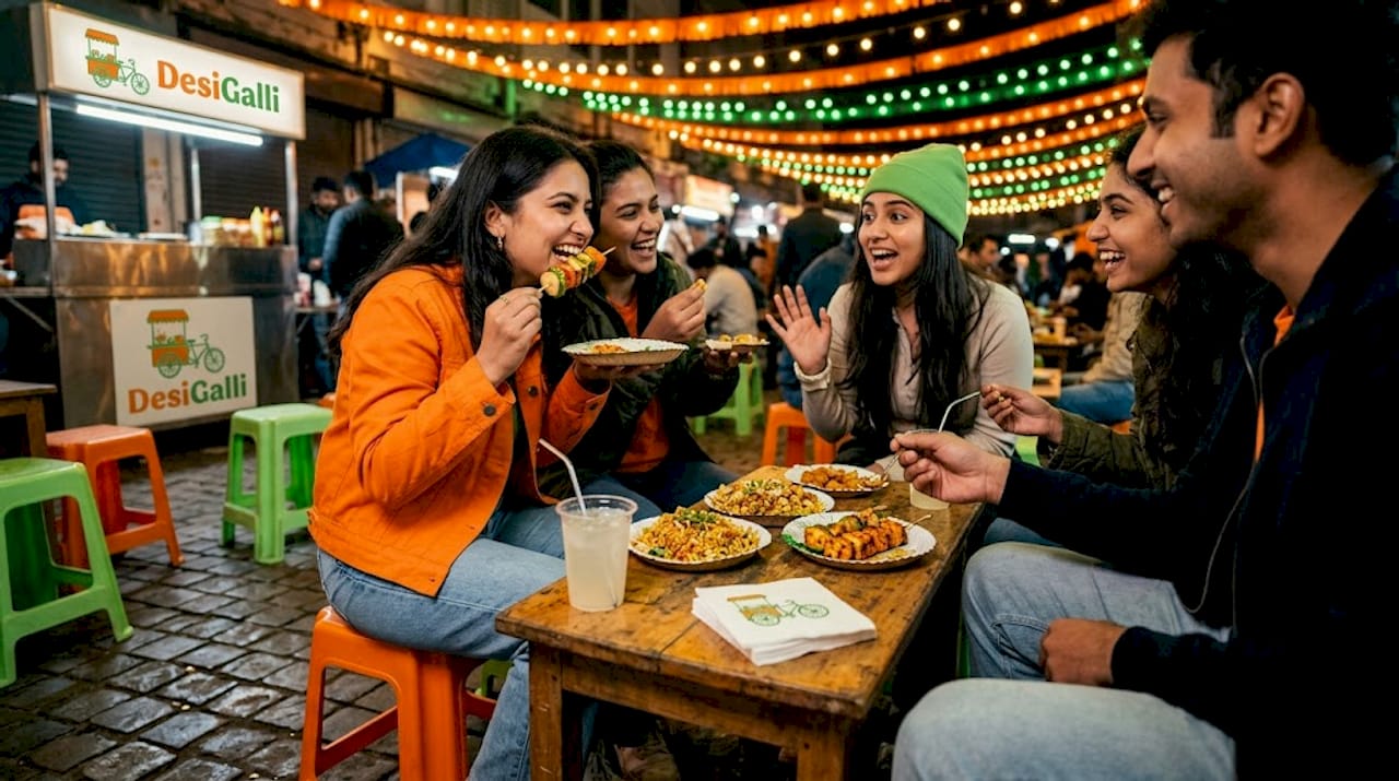 Friends enjoying street food at night market