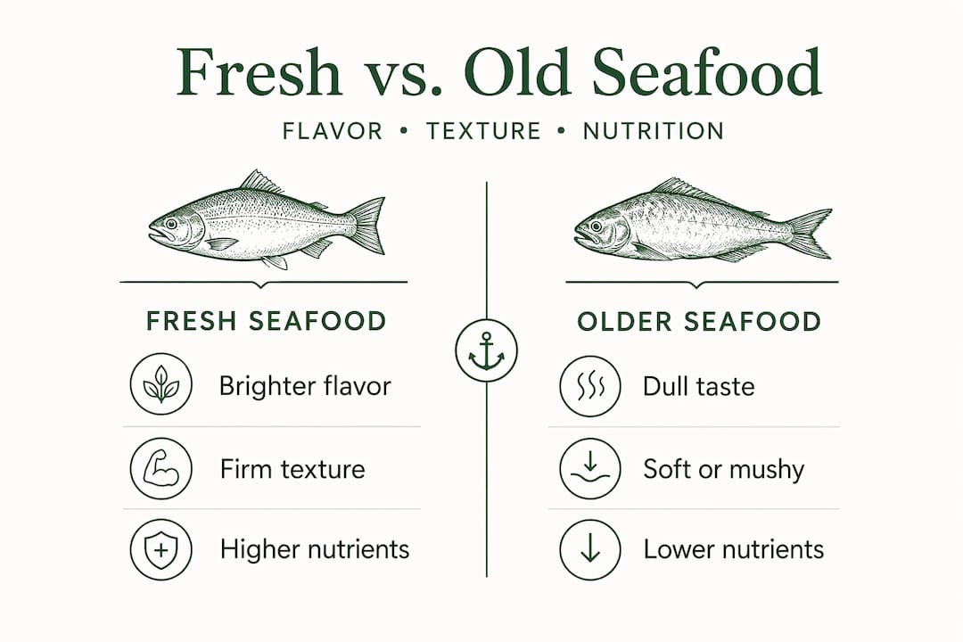 Infographic comparing fresh and older seafood attributes