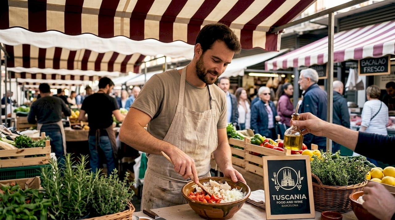 Un chef elabora una deliciosa esqueixada en pleno mercado de Barcelona.