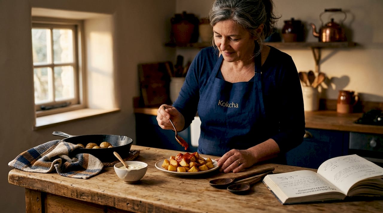 Home cook preparing patatas bravas at kitchen counter