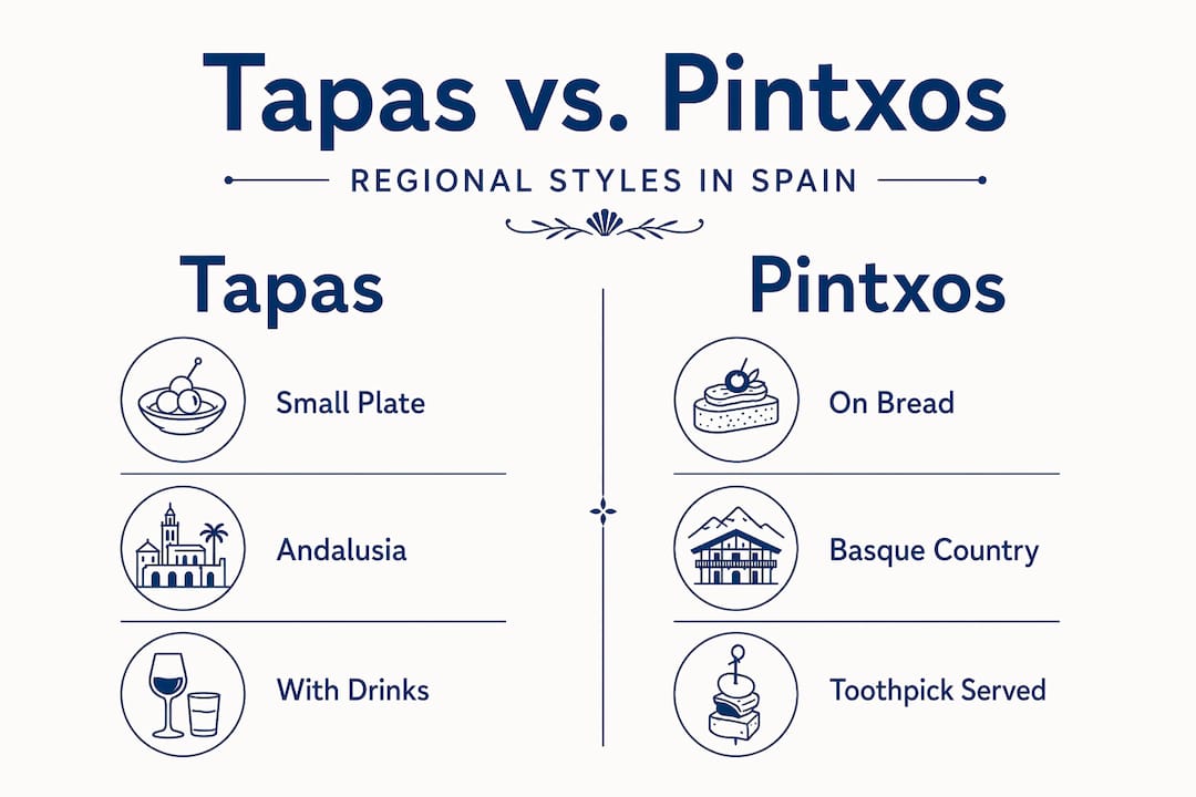 Infographic comparing tapas and pintxos regional styles