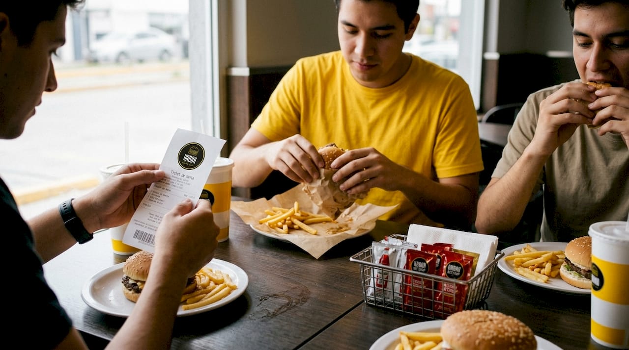 Un grupo de amigos disfruta de unas hamburguesas en un ambiente relajado de restaurante.