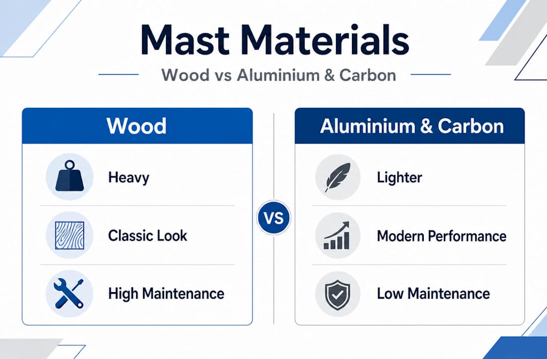 Infographic comparing wood and modern mast materials