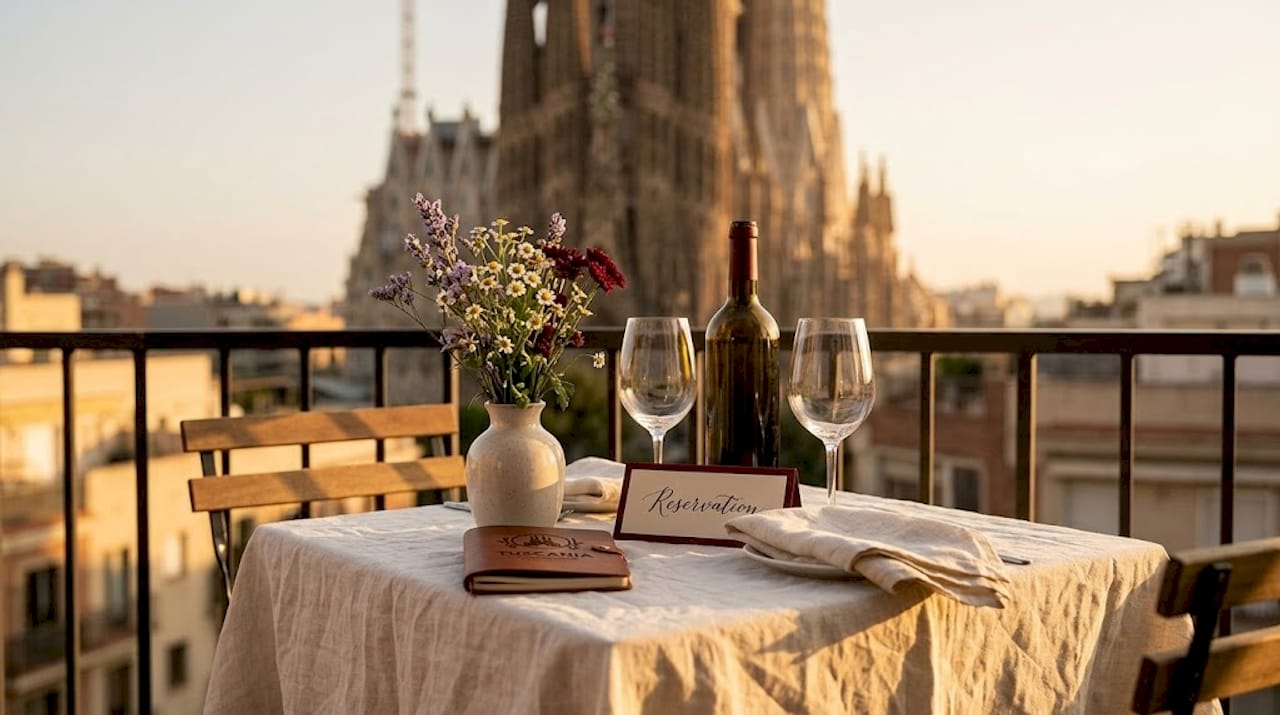 Atardecer en una terraza de Barcelona, compartiendo risas y buena compañía mientras cae el sol.