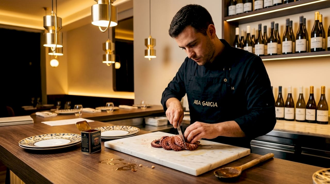 Un camarero prepara y sirve un auténtico pulpo a feira sobre una tabla de madera en la barra de un bar gallego.