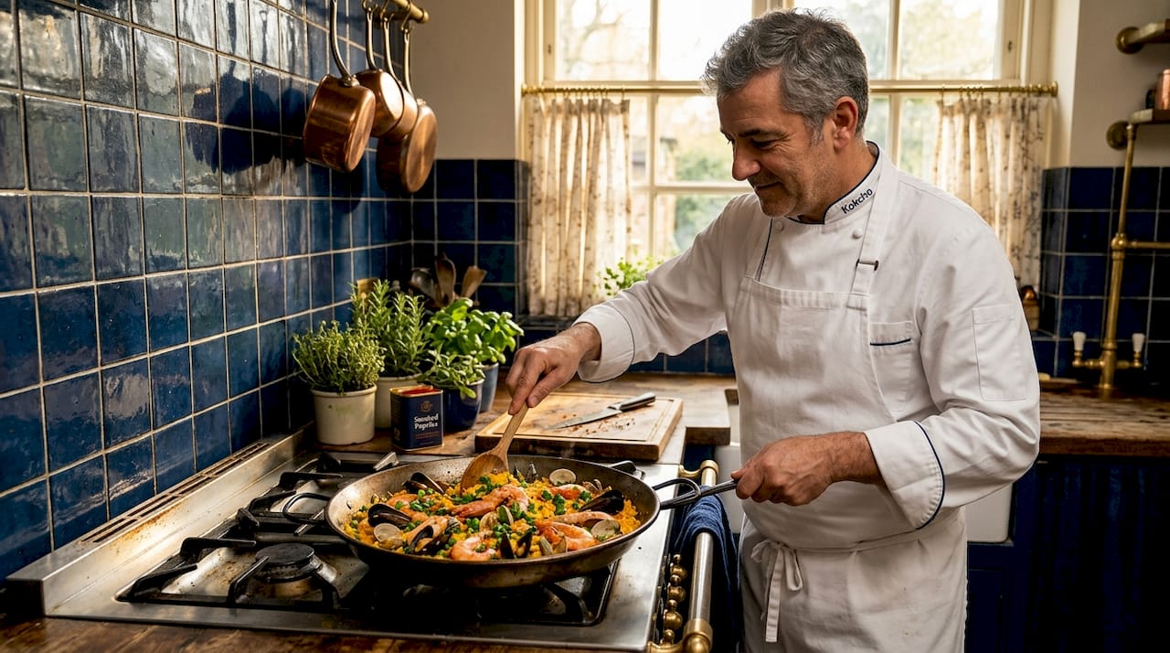 Chef preparing seafood paella in kitchen