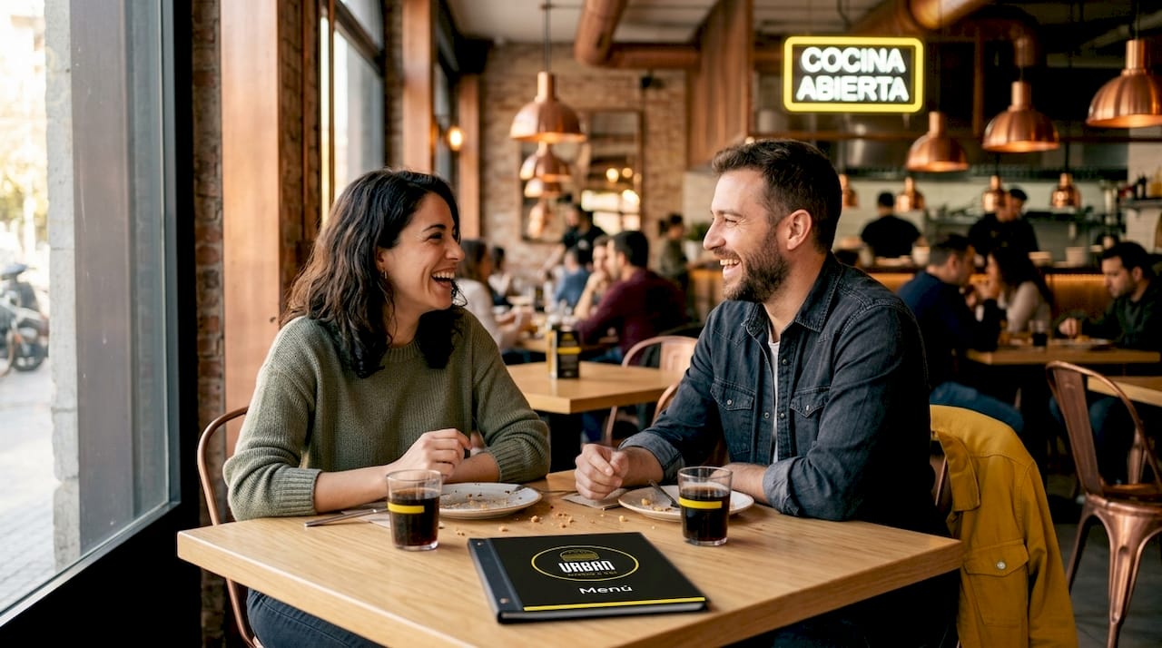 Ambiente acogedor y moderno de una hamburguesería en pleno centro de Barcelona