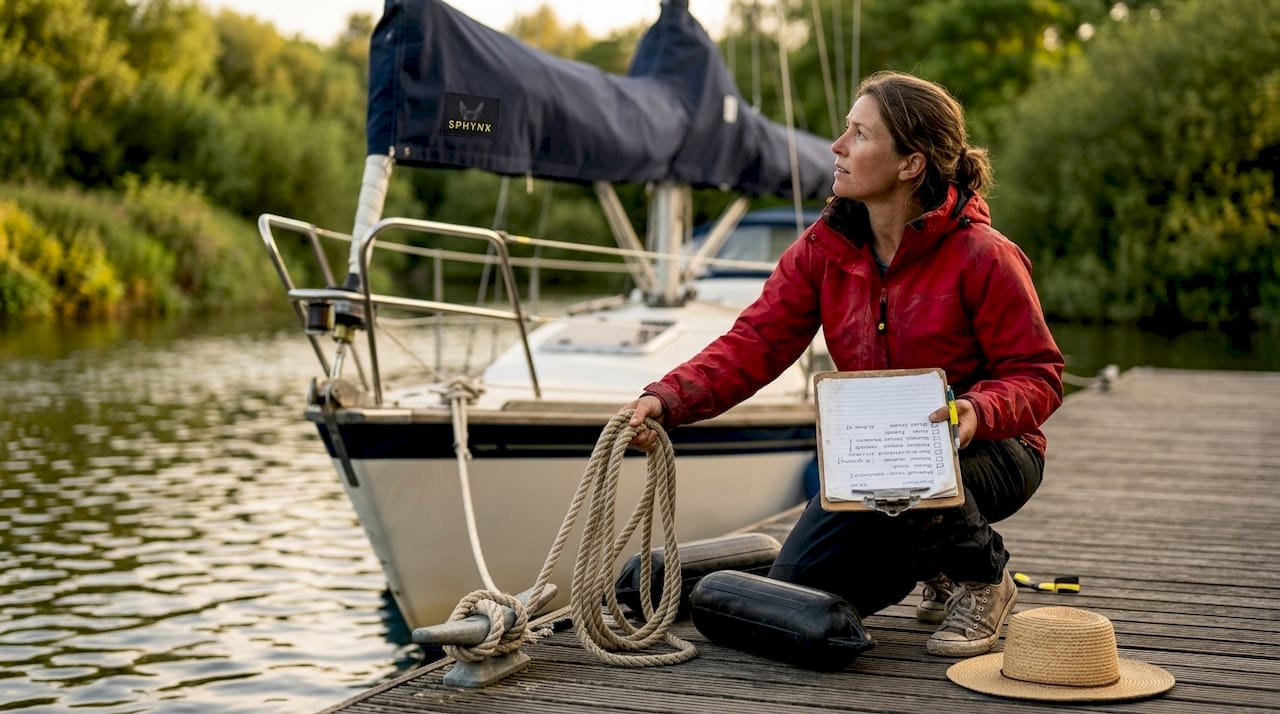 Woman checking sailboat equipment at marina