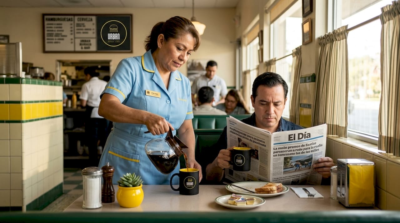 Una camarera se acerca a la mesa de un típico bar americano para volver a llenar las tazas de café de los clientes sentados en un clásico reservado.
