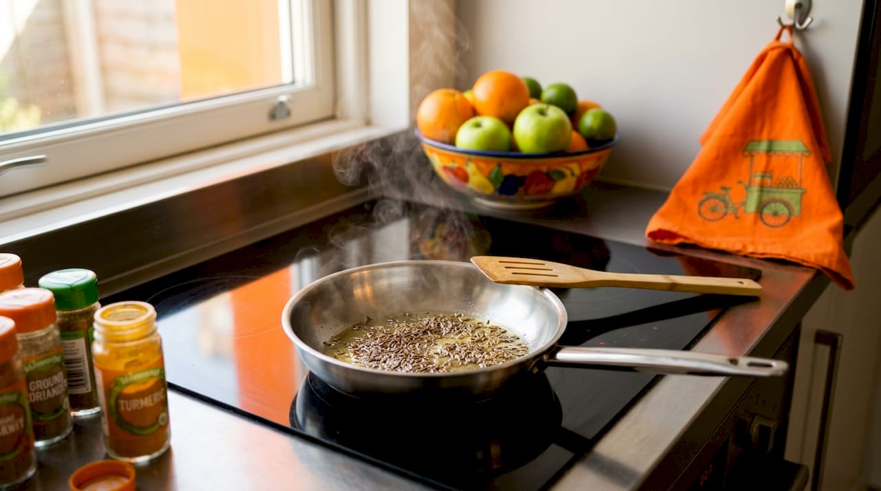Cumin seeds toasting in pan on stovetop