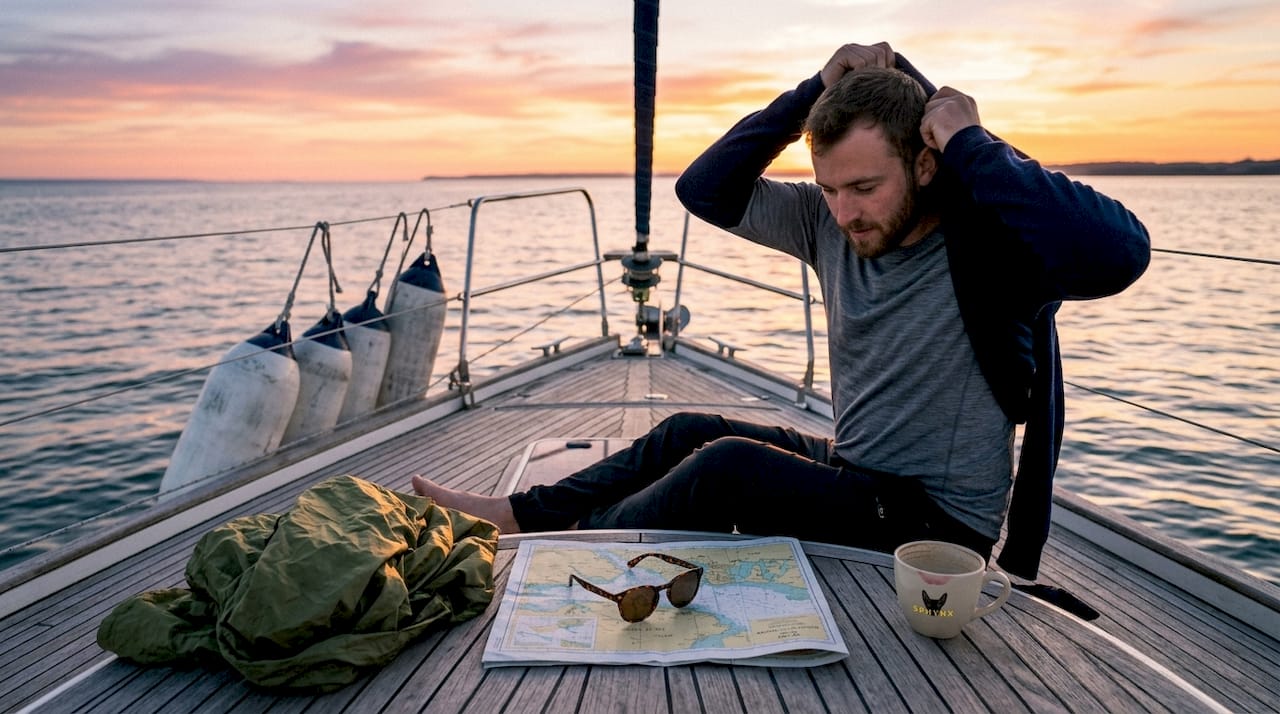 Man layers up aboard yacht at sunset