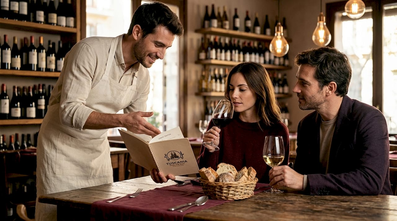 El sumiller se acerca a la mesa para recomendar personalmente una selección exclusiva de vinos a los comensales.