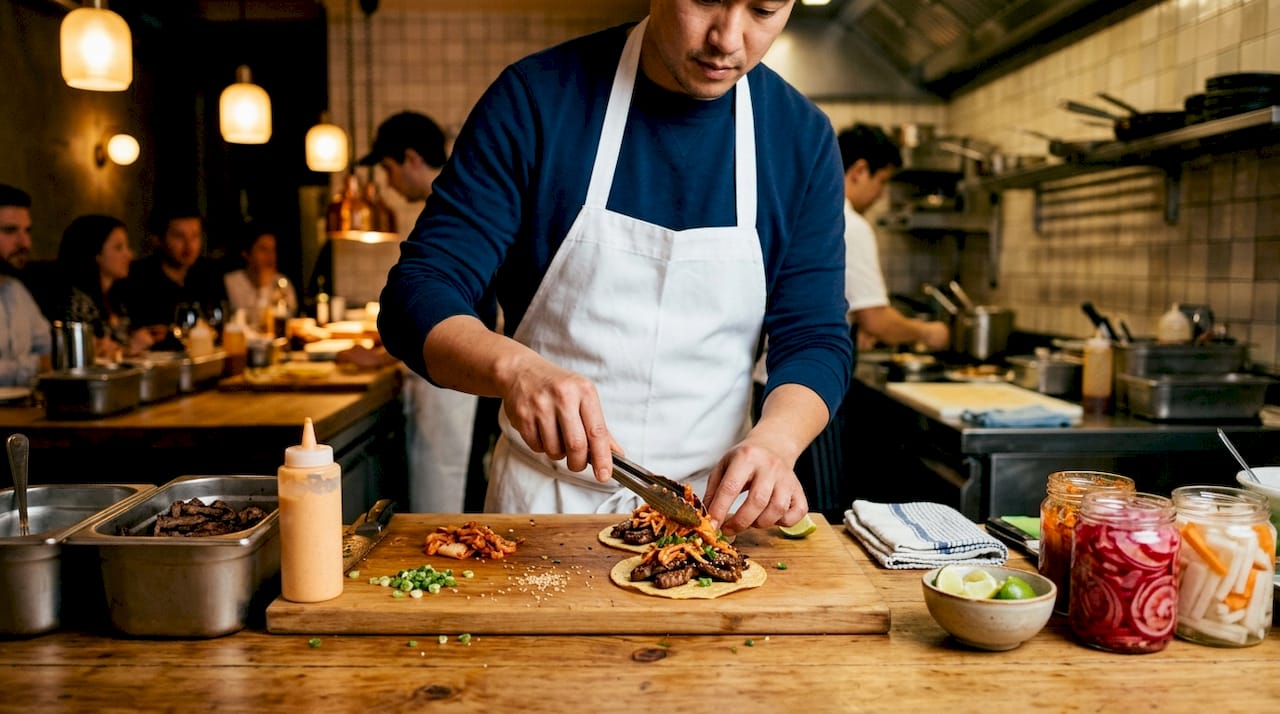 Chef assembling Korean barbecue fusion tacos