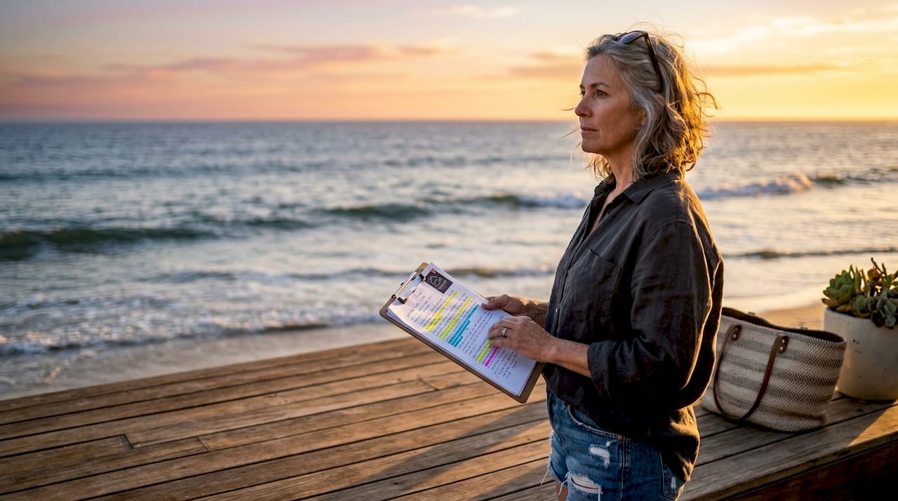 Woman reviews beachfront real estate appraisal notes
