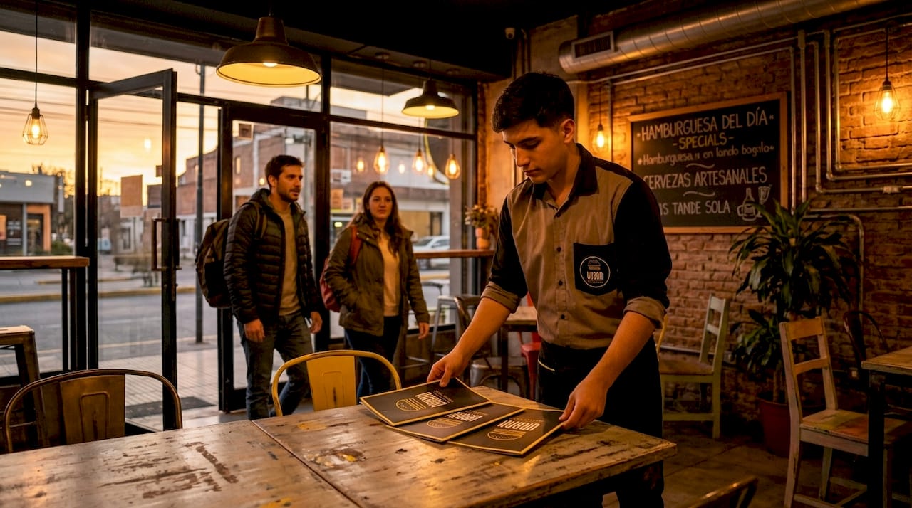 Ambiente industrial en la hamburguesería mientras llegan los clientes.