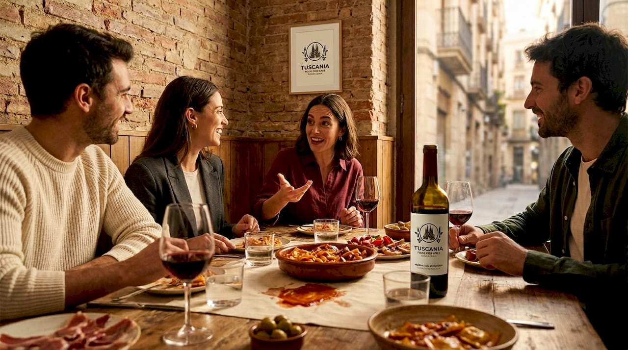 Comensales disfrutando juntos de platos de fusión hispano-italiana en Barcelona