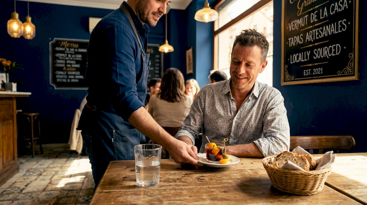 Waiter serving vermut in local restaurant