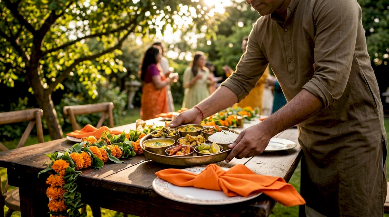 Brass thali served at festive Indian wedding