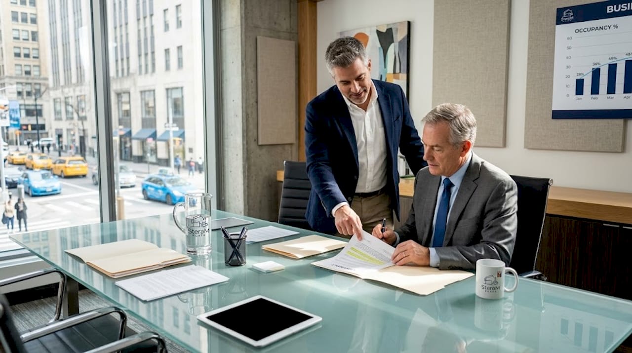 Manager and investor reviewing contract in office
