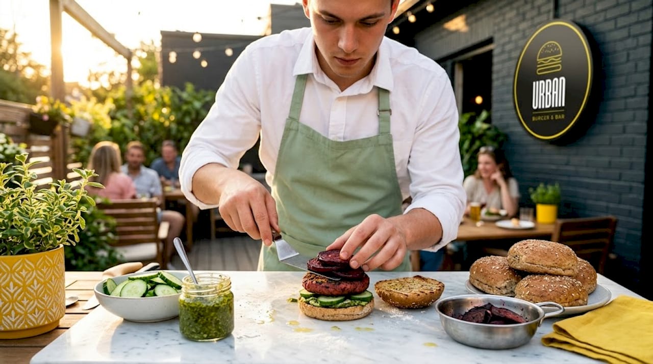 Chef preparando una hamburguesa vegana con productos frescos