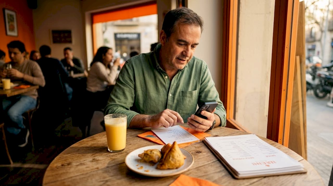 Man ordering curry by phone at table
